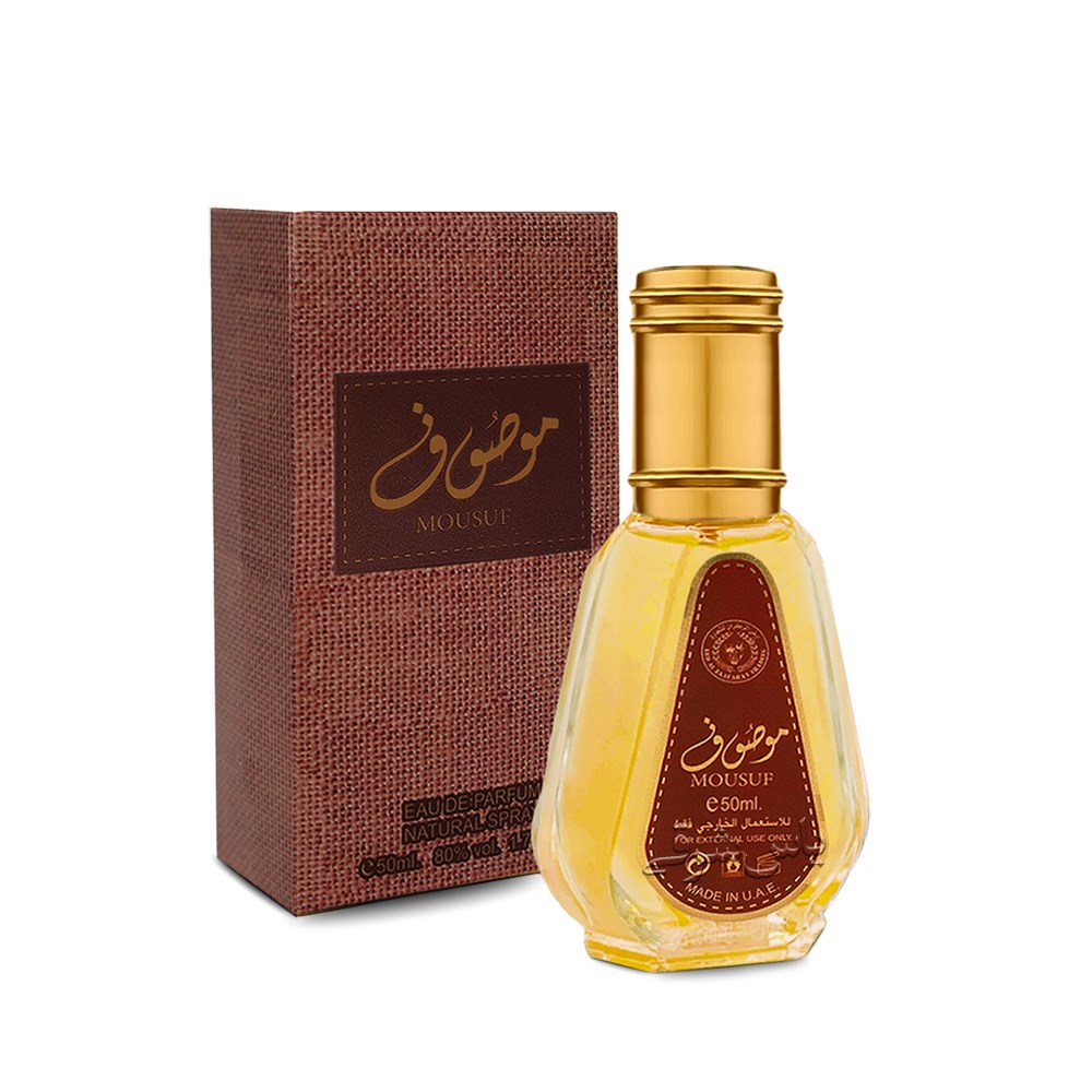 تصویر شیشه و جعبه ادکلن 50 میل موصوف از برند ارض الزعفران