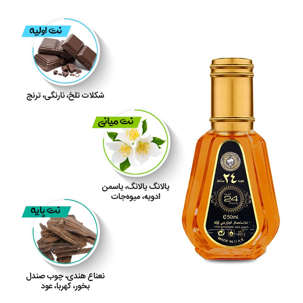 نتهای اولیه، میانی و پایه ادکلن 50 میل عود 24 ساعة از برند ارض الزعفران