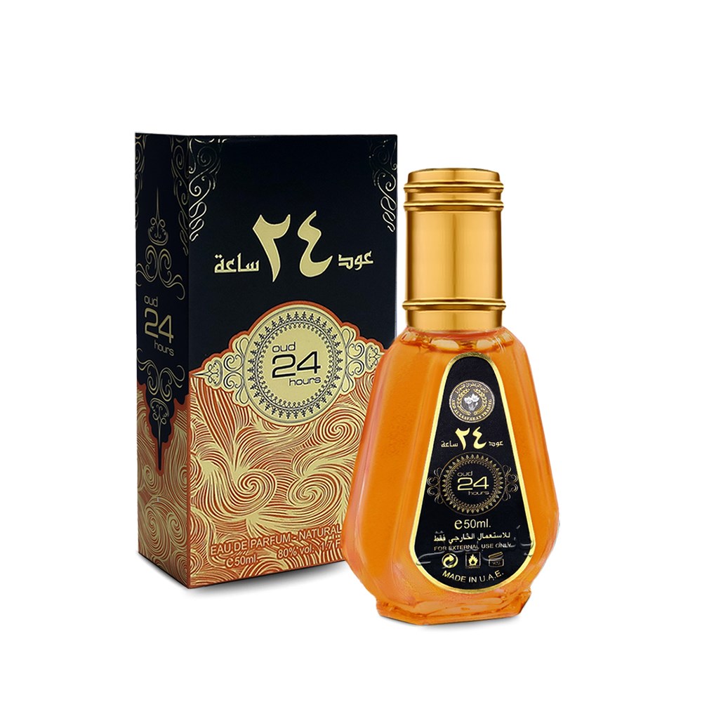 تصویر شیشه و جعبه ادکلن 50 میل عود 24 ساعة از برند ارض الزعفران