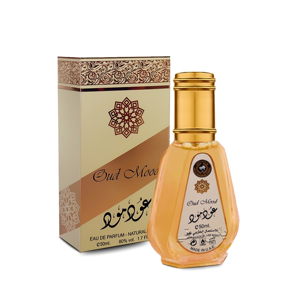 تصویر شیشه و جعبه ادکلن 50 میل عود مود از برند ارض الزعفران